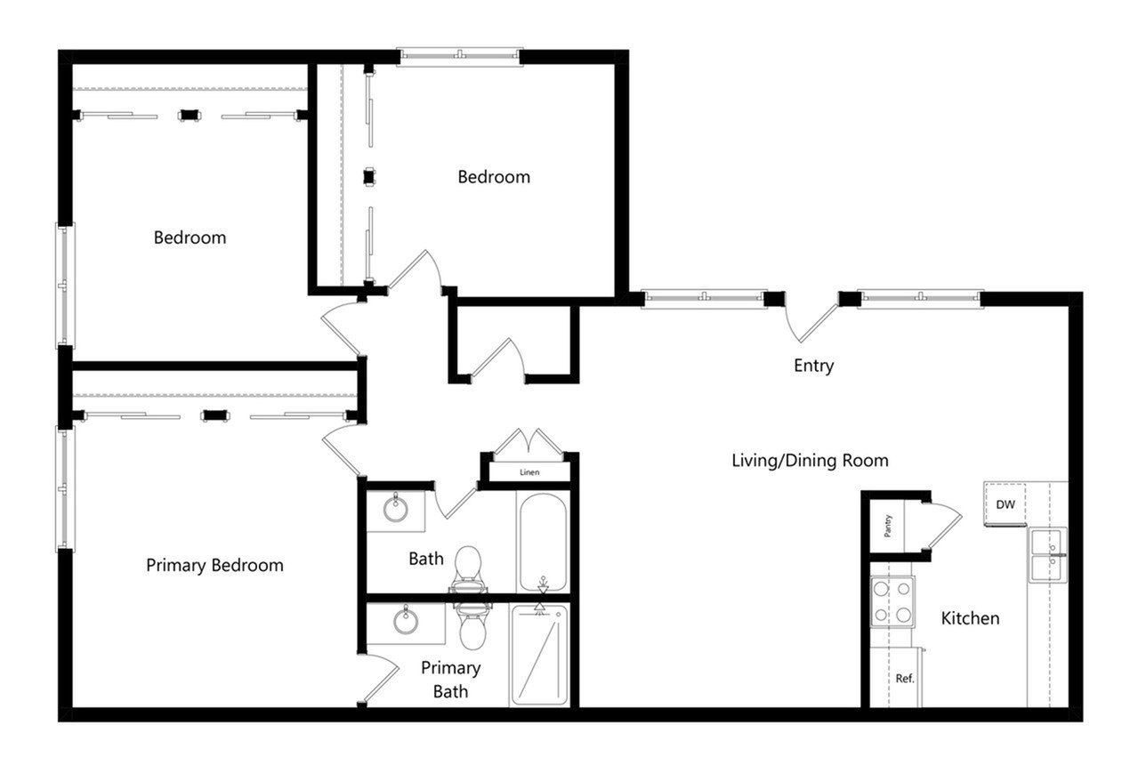 Inviting floor plan showcasing a spacious primary bedroom with en-suite bath, additional bedroom, modern kitchen, and open living/dining room area.