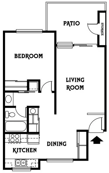 Inviting floor plan with a cozy bedroom, modern kitchen, dining area, spacious living room, and a patio for outdoor relaxation.