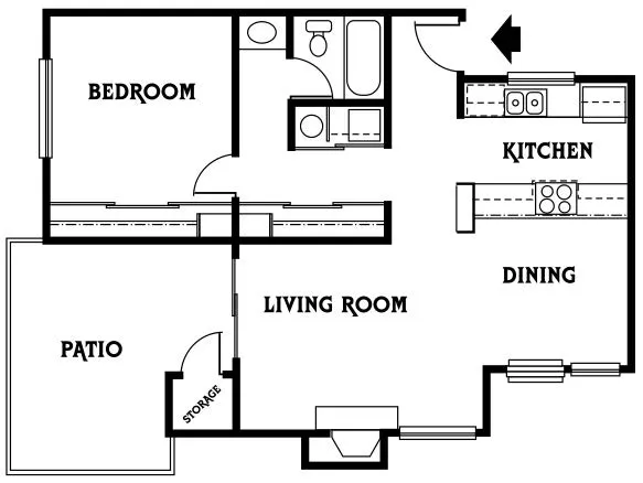 Inviting floor plan with one bedroom, spacious living room, modern kitchen, cozy dining area, and a private patio with storage.