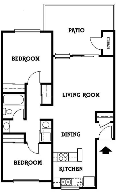 Inviting floor plan showcasing 2 bedrooms, a spacious living room, open dining area, and a cozy kitchen with access to a private patio.