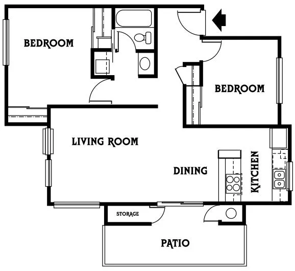 Charming floor plan showcasing 2 bedrooms, a modern kitchen with dining area, spacious living room, and inviting patio.