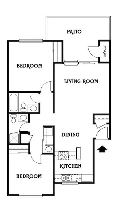 Modern 2-bedroom floor plan with spacious living room, dining area, and efficient kitchen layout with a cozy patio and storage space.