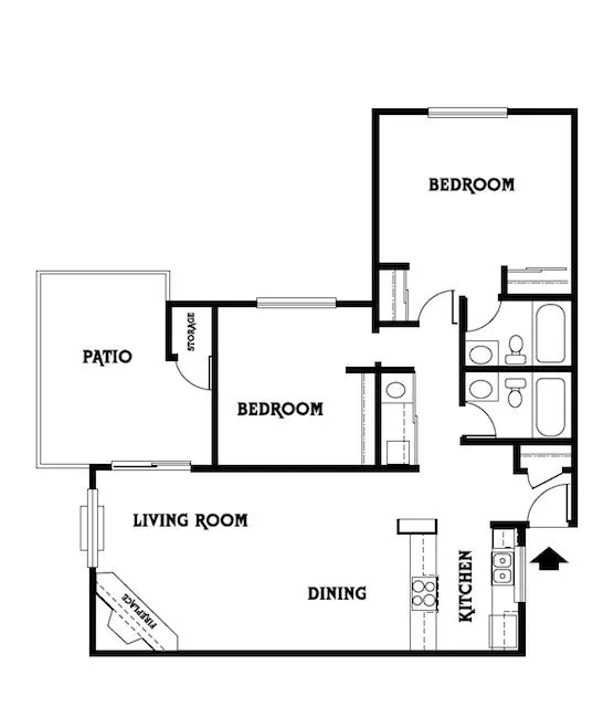 Modern floor plan showcasing 2 bedrooms with an expansive living area, dining space, and a sleek kitchen leading to a cozy patio.