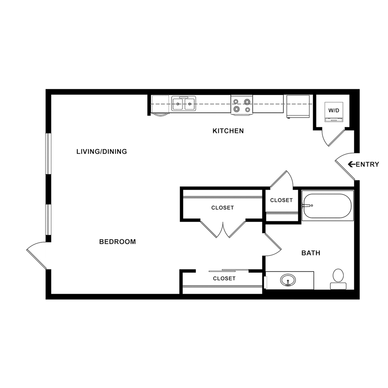 Chic 1-bedroom floor plan with a spacious living/dining area, modern kitchen, and luxurious bath.