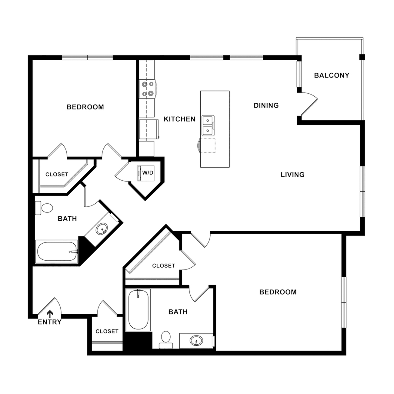 Modern 2D floor plan showcasing 2 bedrooms, spacious living area, open kitchen with island, 2 bathrooms, and balcony access.