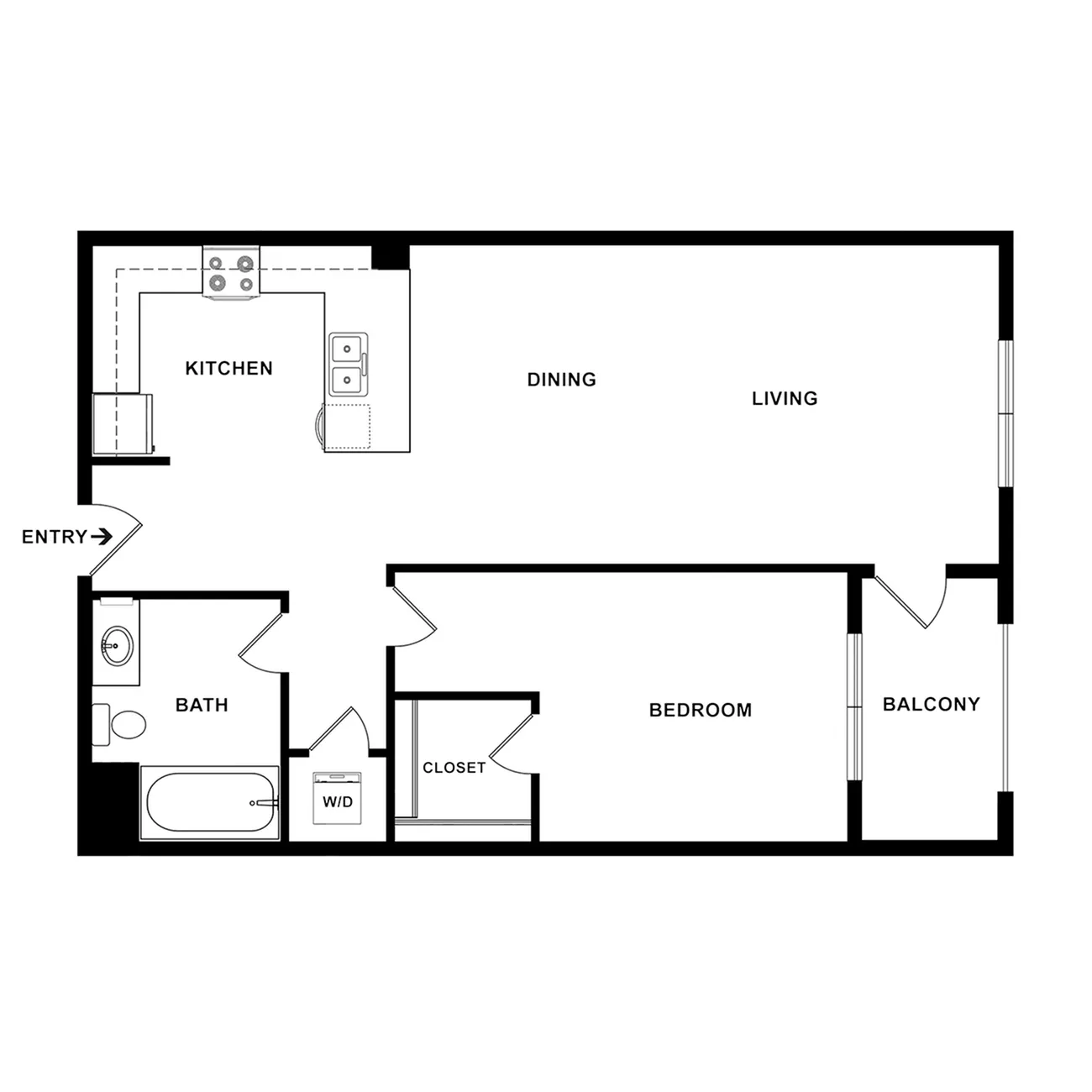 Modern floor plan highlighting 1 bedroom, luxury bath, open kitchen and dining area, spacious living room, and private balcony.