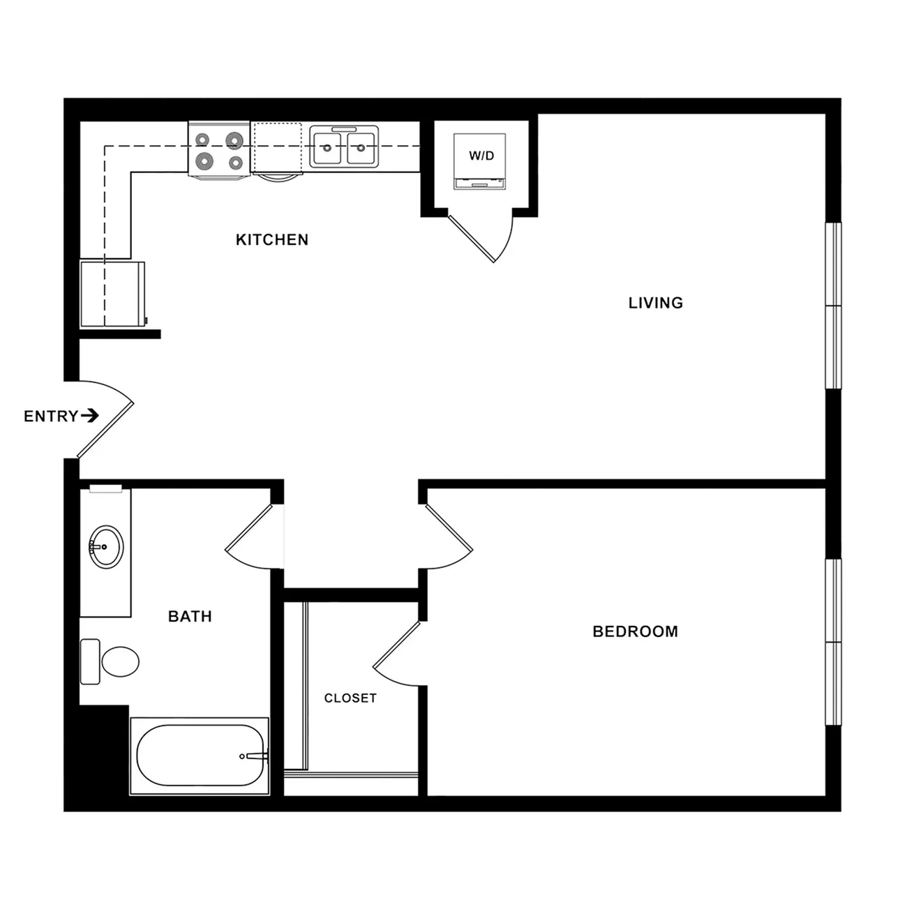 Modern apartment floor plan featuring one bedroom, spacious living area, and a fully equipped kitchen with washer/dryer.