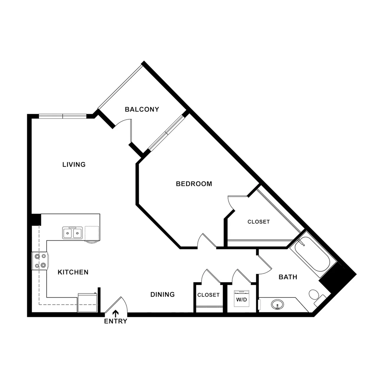 Contemporary floor plan featuring a spacious bedroom, modern kitchen, and open living area with balcony access.