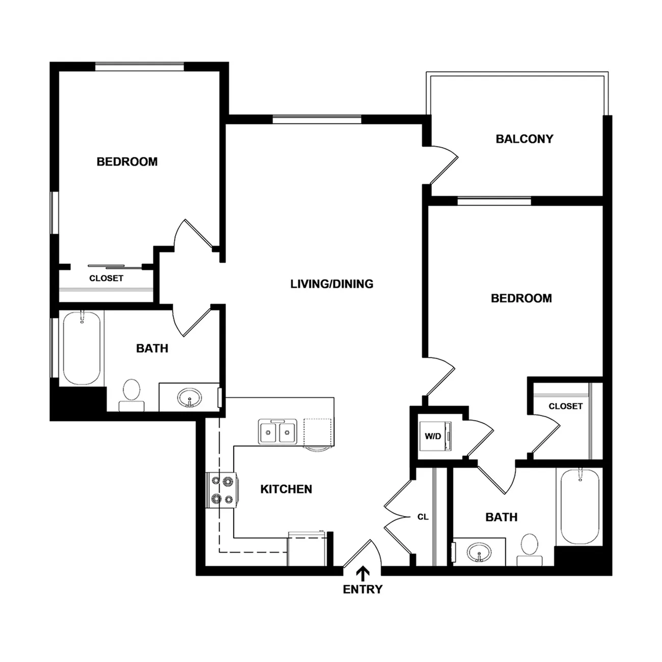 Contemporary floor plan showcasing 2 bedrooms, a spacious living/dining area, and a large kitchen with a balcony access.