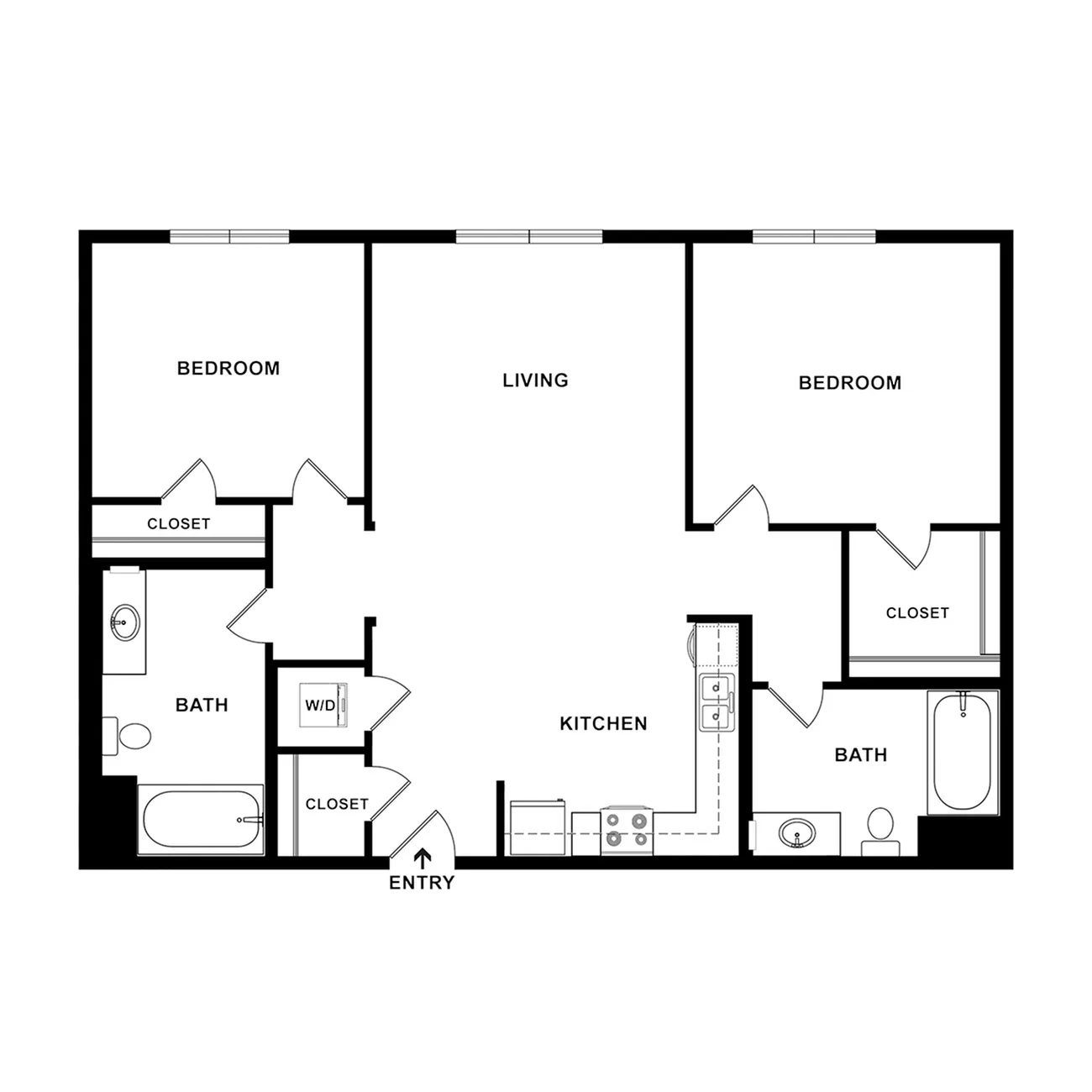 Modern floor plan highlighting 2 spacious bedrooms, a sleek kitchen, and a welcoming living area with convenient bathrooms.