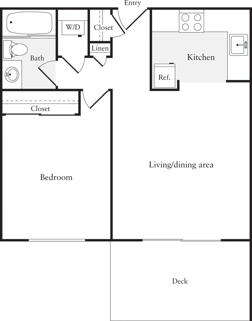 Charming one-bedroom floor plan with a spacious living/dining area, modern kitchen, and private deck.