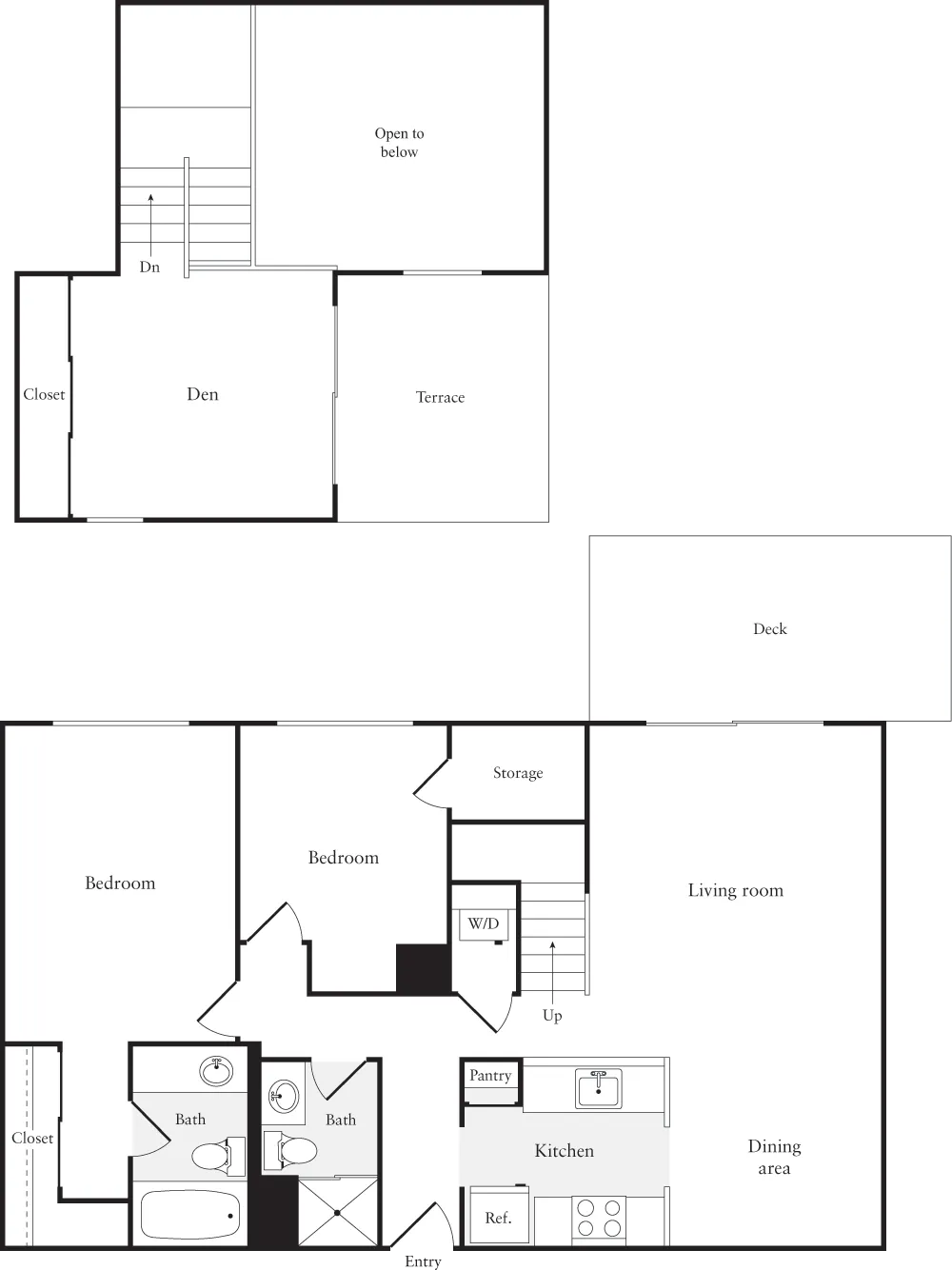 Modern two-level floor plan featuring 2 bedrooms, a spacious living room, fully equipped kitchen, dining area, and storage space on the main floor. Upper level includes a cozy den, terrace, and a unique open-to-below area.