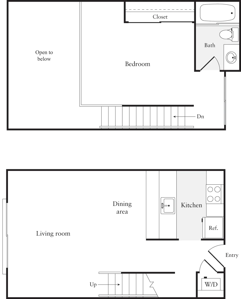 Modern duplex floor plan featuring a spacious bedroom with an open view to below, connected kitchen and dining area, well-designed living room, and convenient entryway with washer/dryer.
