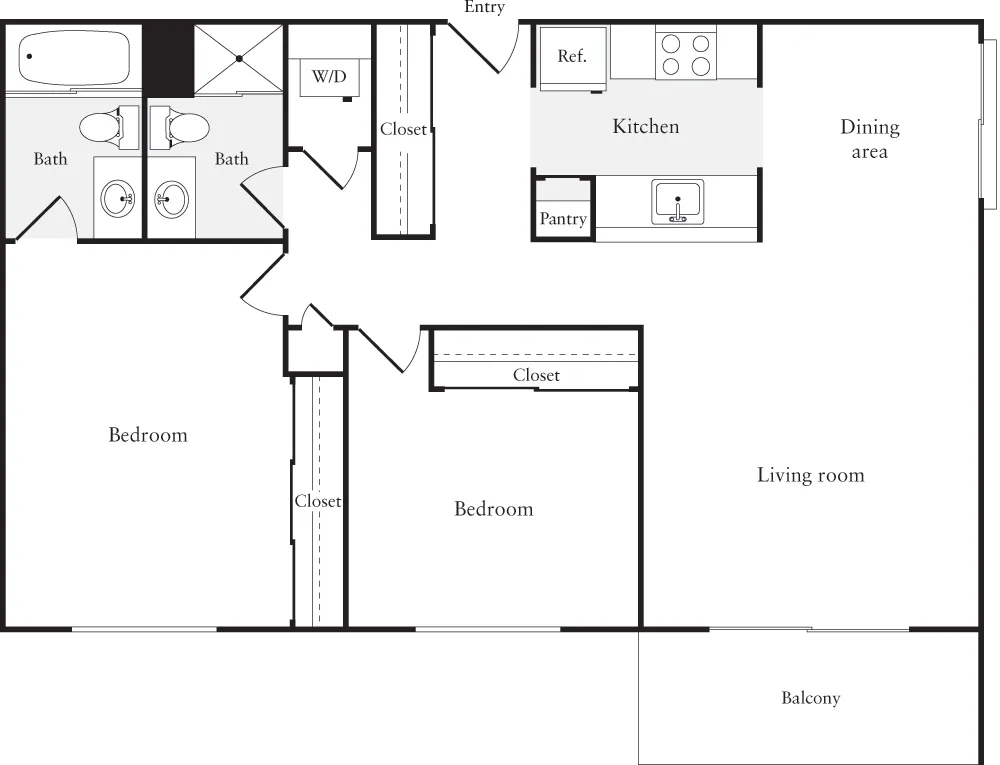 Modern 2-bedroom floor plan featuring spacious living room, dining area, and kitchen with pantry. Includes balcony, washer/dryer, and dual bathrooms for comfort and convenience.