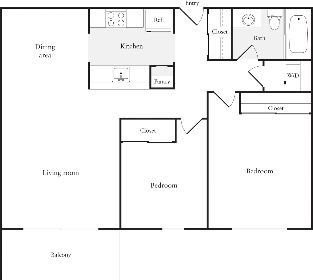Contemporary apartment floor plan showcasing 2 bedrooms, a cozy living room, modern kitchen, and dining area with a private balcony.