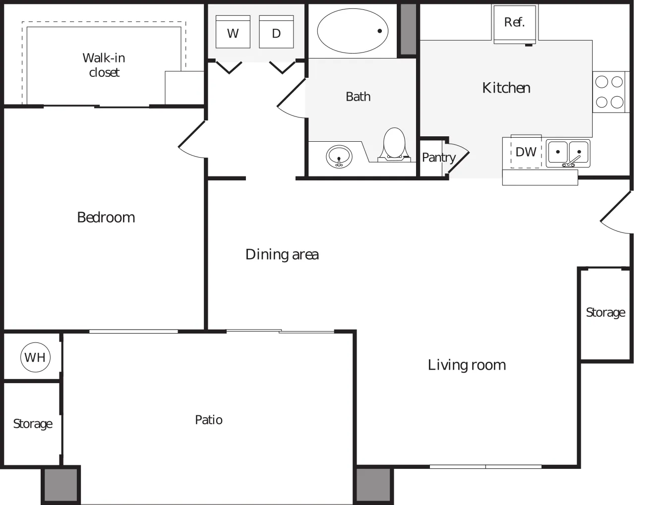 Modern floor plan featuring a spacious bedroom with a walk-in closet, an open living and dining area, a stylish kitchen with pantry, and a cozy patio.