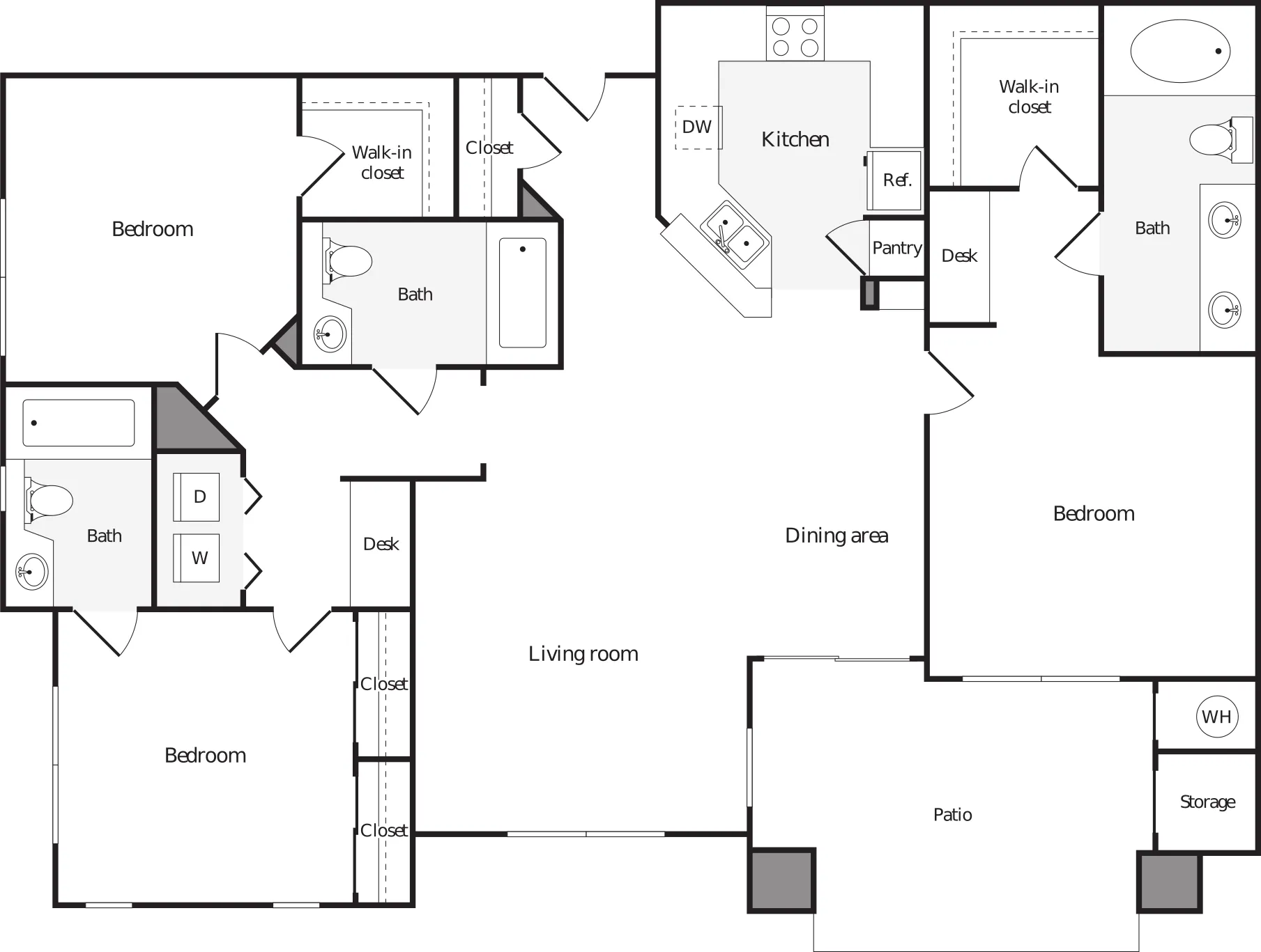 Elegant floor plan showcasing 3 bedrooms, spacious living and dining areas, modern kitchen with pantry, and a welcoming patio.