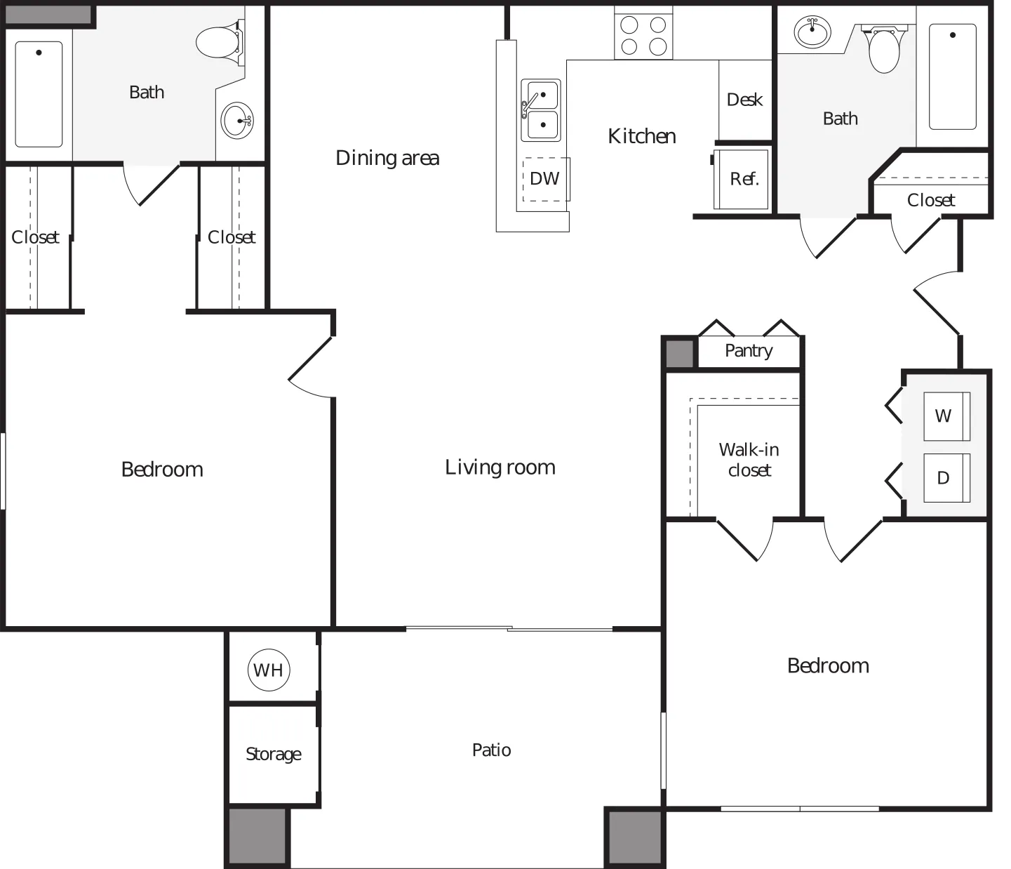 Spacious floor plan showcasing 2 bedrooms, open living room, kitchen with dining area, dual baths, and private patio access.