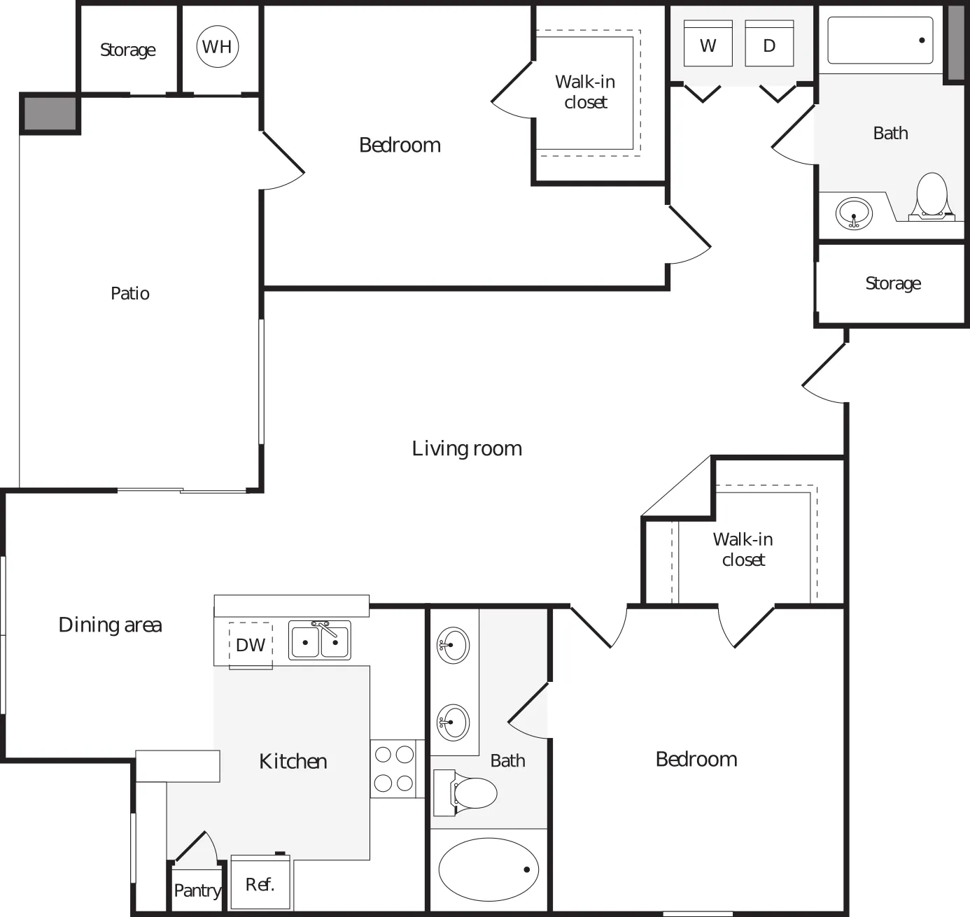 Modern floor plan featuring 2 bedrooms with walk-in closets, spacious living room, dining area, and a functional kitchen. Includes a patio and convenient storage spaces.