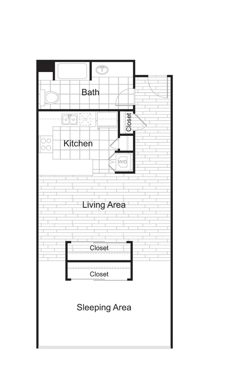 Contemporary 2D floor plan featuring an open-concept living area, modern kitchen, spacious sleeping area, and convenient bath with multiple closets.