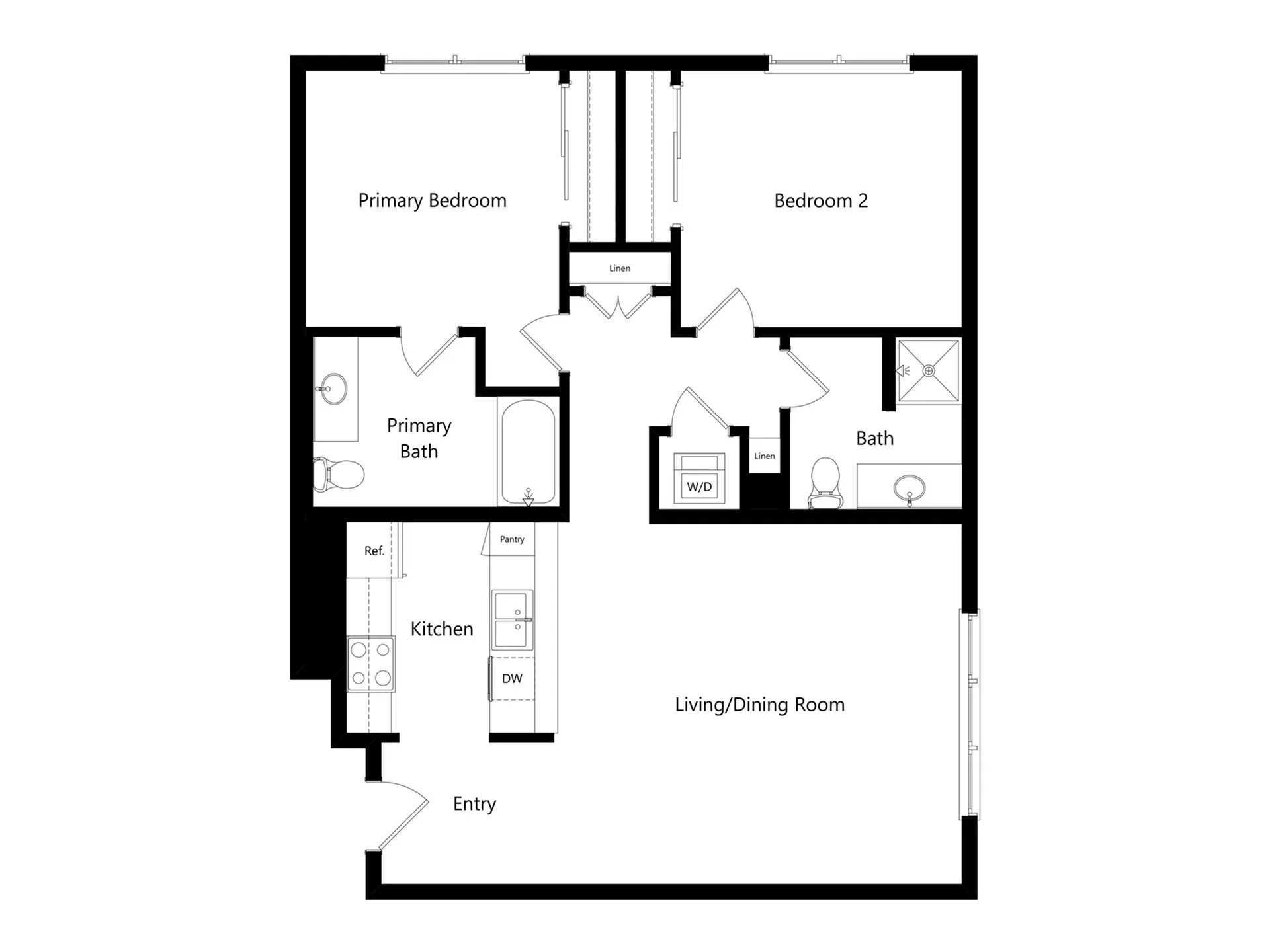 Modern floor plan showcasing 2 bedrooms and 2 bathrooms with a spacious living/dining area, elegant kitchen, and convenient laundry space.