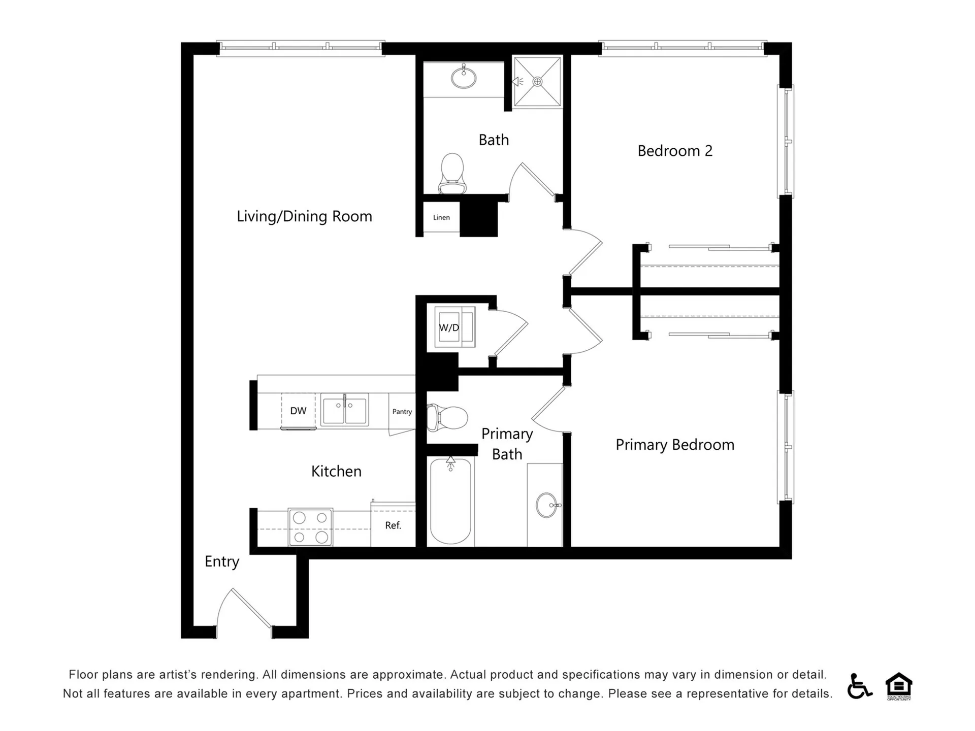 Modern floor plan showcasing 2 bedrooms, open living/dining area, sleek kitchen, and convenient baths, designed for stylish living.