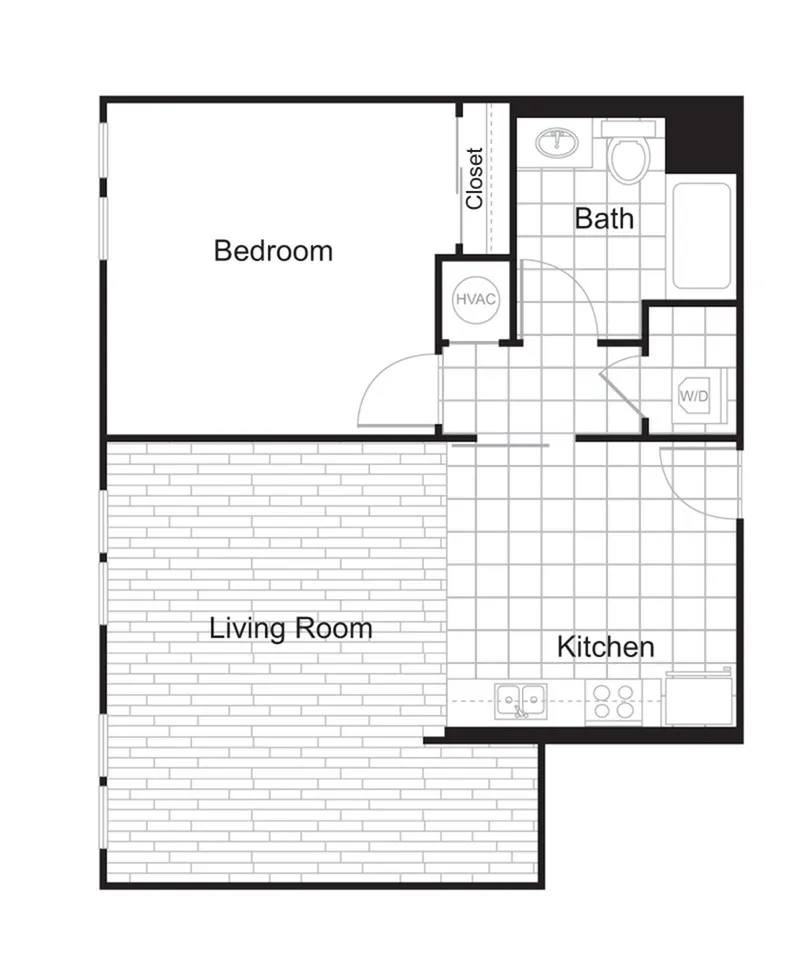 Modern floor plan showcasing a spacious bedroom, open living room, efficient kitchen, and a sleek bathroom.