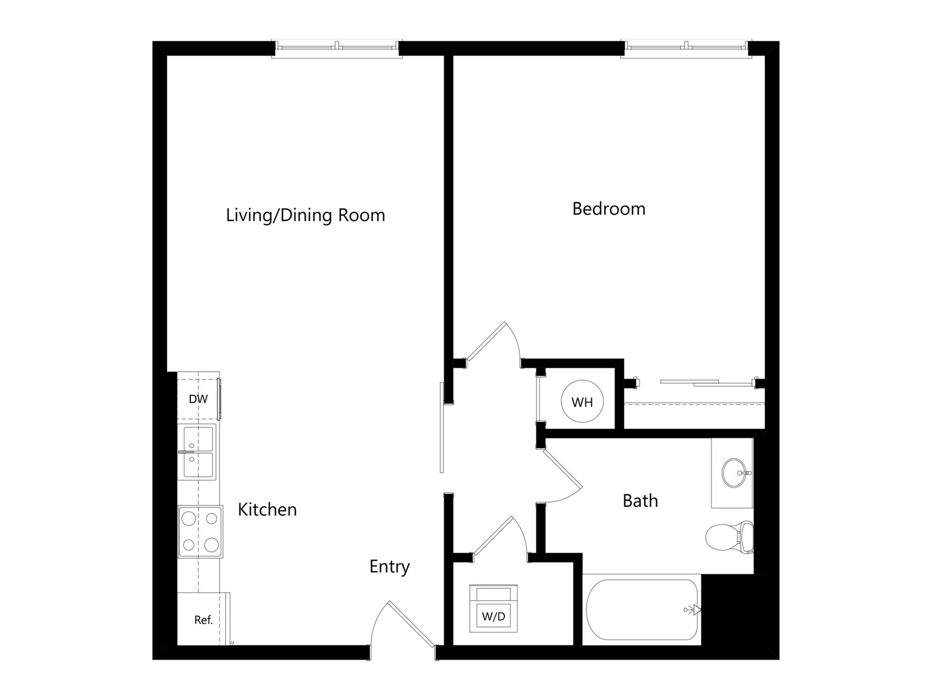 Modern 1-bedroom floor plan with open living/dining area, fully equipped kitchen, and convenient bath layout.