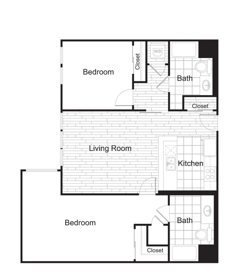 Modern floor plan featuring two spacious bedrooms, a welcoming living room, sleek kitchen, and two elegant baths with ample storage space.