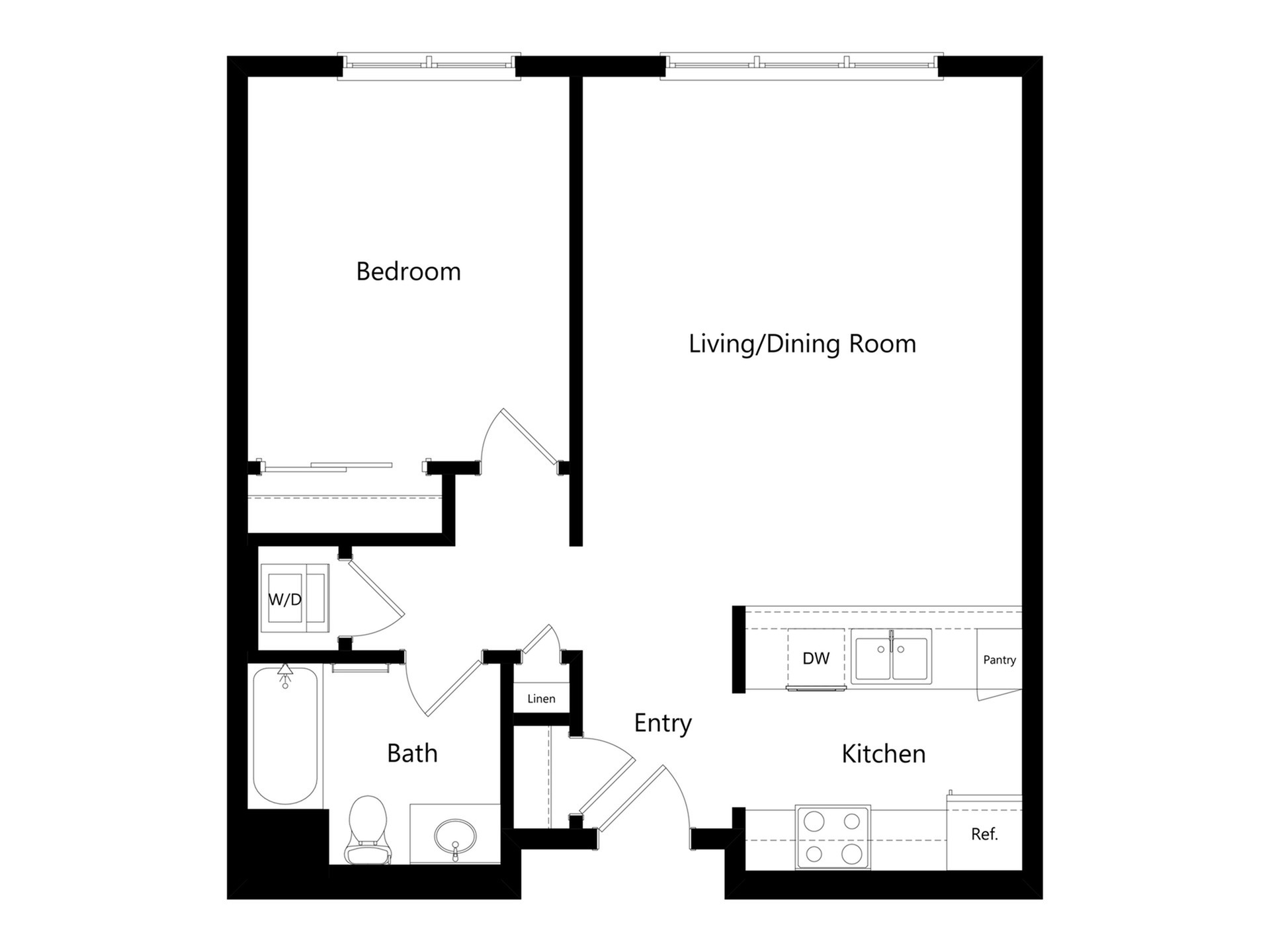 Modern floor plan featuring one spacious bedroom, an inviting living/dining room, a well-equipped kitchen, and a cozy bath with convenient wash/dryer setup.
