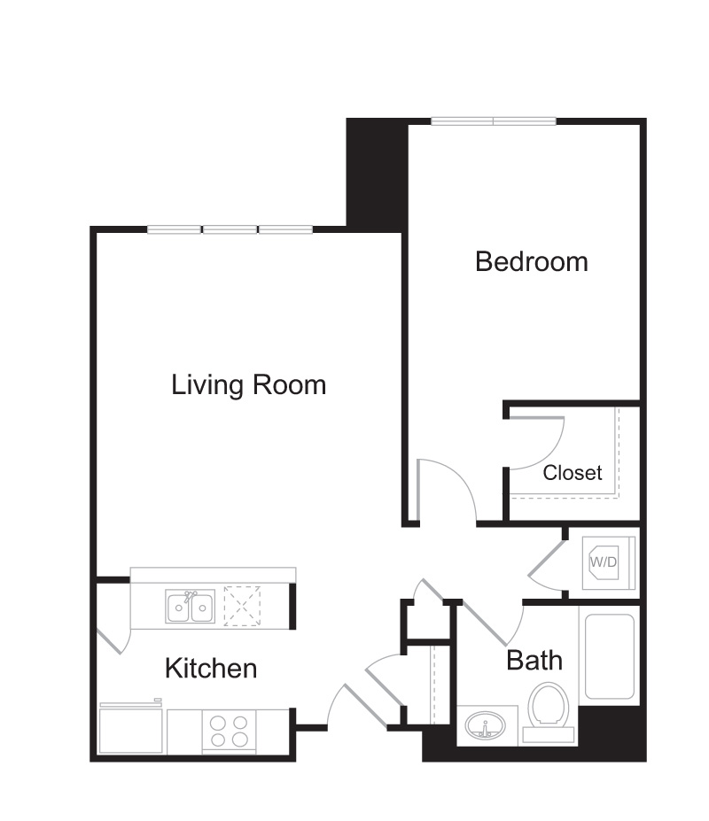 Modern 1-bedroom apartment floor plan featuring spacious living room, efficient kitchen, and convenient bathroom layout.