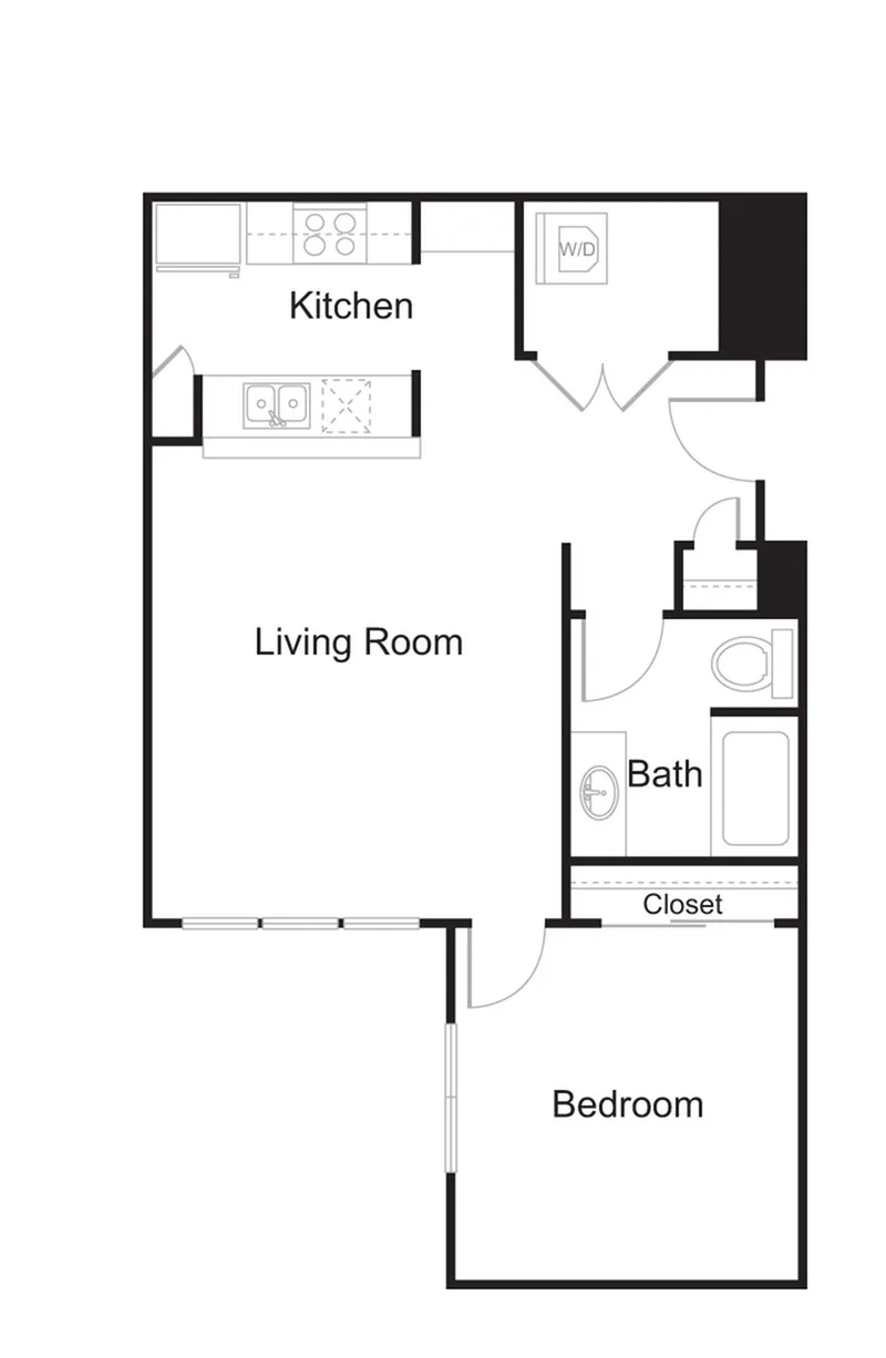 Modern floor plan featuring one bedroom, a spacious living room, and a well-equipped kitchen. Includes a bathroom, closet, and washer/dryer area.