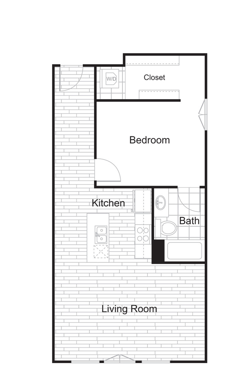 Elegant floor plan showcasing a spacious 1-bedroom layout with open-concept kitchen and living room, complete with a modern bath and convenient closet space.
