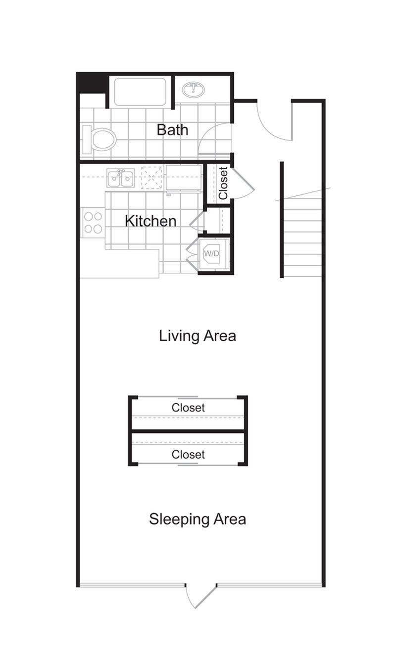Modern studio apartment floor plan showcasing a spacious sleeping area, open living area, and well-equipped kitchen with bath.
