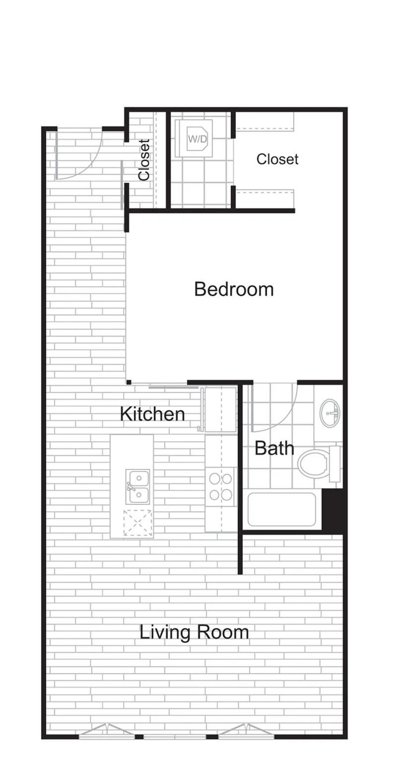 Modern open floor plan featuring a spacious living room, sleek kitchen, cozy bedroom, and a well-appointed bath, perfect for urban living.