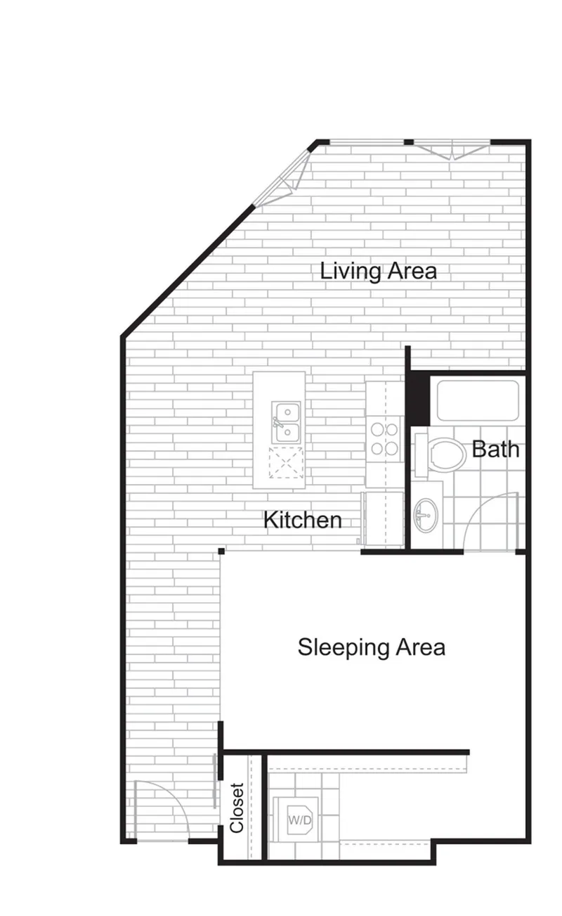Sleek floor plan showcasing an open kitchen adjoining a spacious living area, with a cozy sleeping area and a private bath.