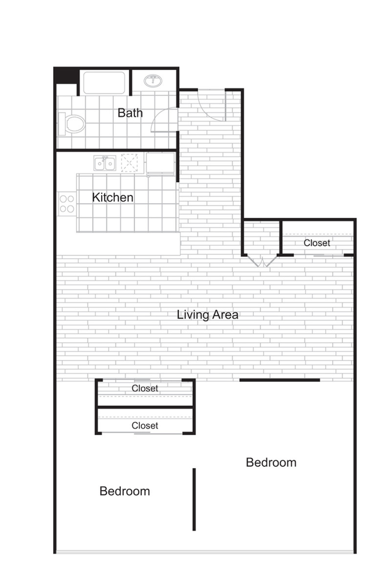 Modern 2D floor plan featuring an open-concept living area, two bedrooms, a kitchen, and a bathroom with ample closet space.