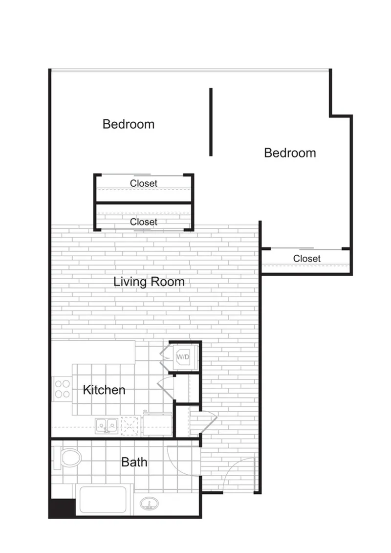Modern floor plan featuring 2 spacious bedrooms, an open living room, a well-equipped kitchen, and a convenient bathroom layout.