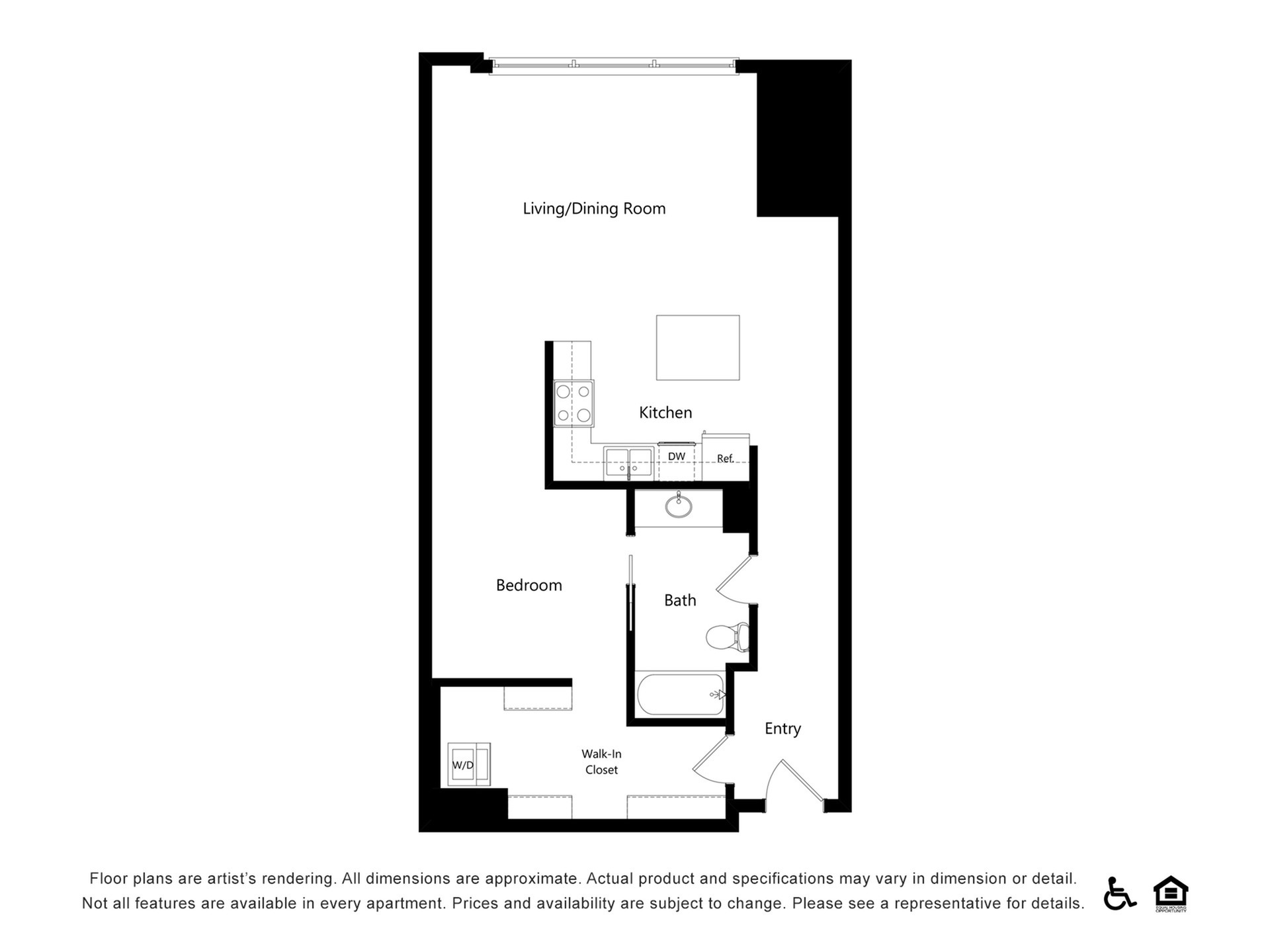 Modern apartment floor plan featuring an open-concept living and dining area, sleek kitchen, cozy bedroom, and convenient walk-in closet.