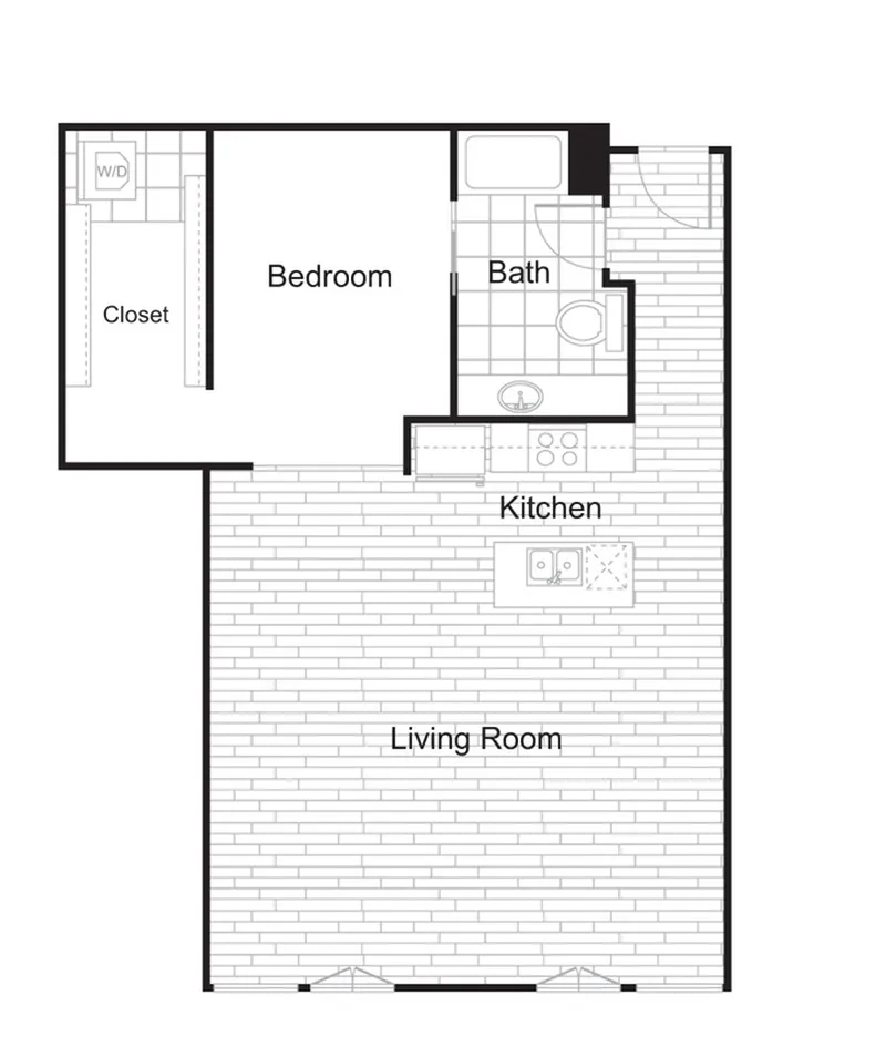 Modern floor plan showcasing an open-concept living room and kitchen, spacious bedroom, and a well-appointed bath with convenient closet space.