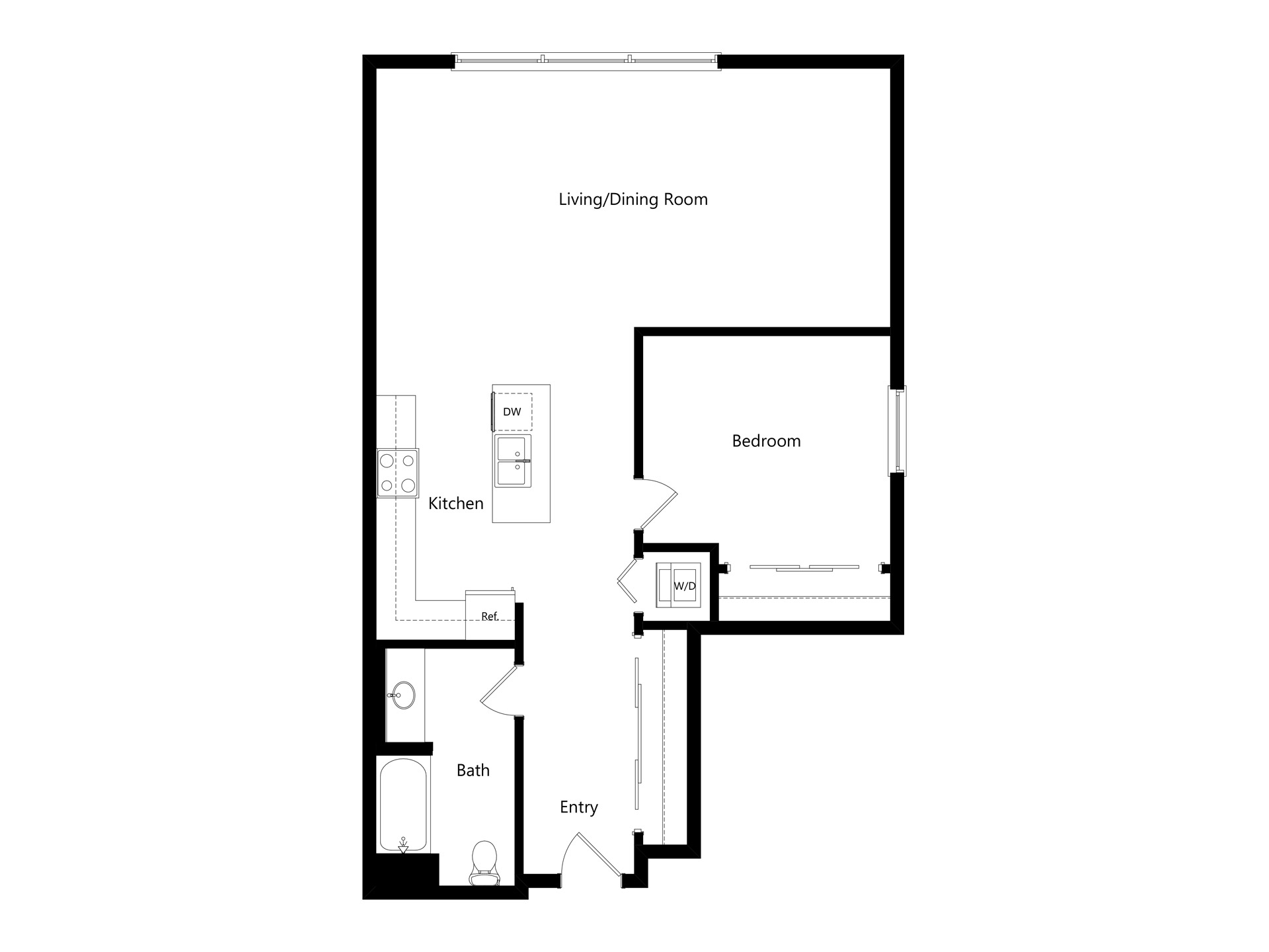 Modern floor plan featuring 1 bedroom with a spacious living/dining area, a sleek kitchen, and a stylish bathroom.