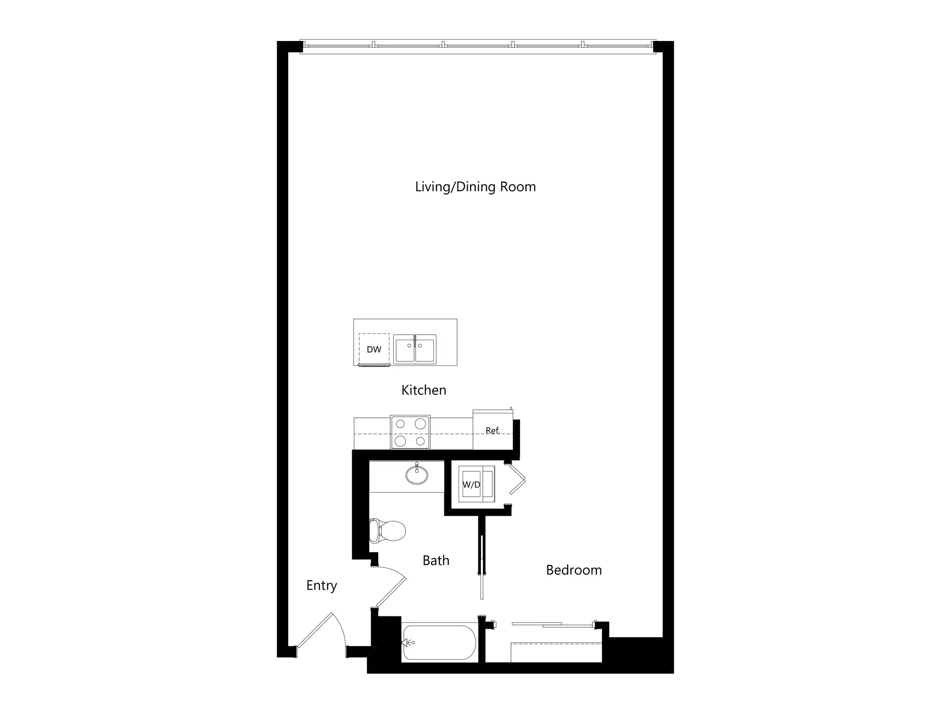 Modern 1-bedroom apartment floor plan featuring a spacious living/dining room, complete kitchen with a dishwasher, and a cozy bath.