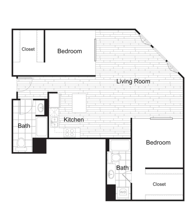 Modern floor plan showcasing two bedrooms, spacious living room, open kitchen, and two baths with ample closet space.