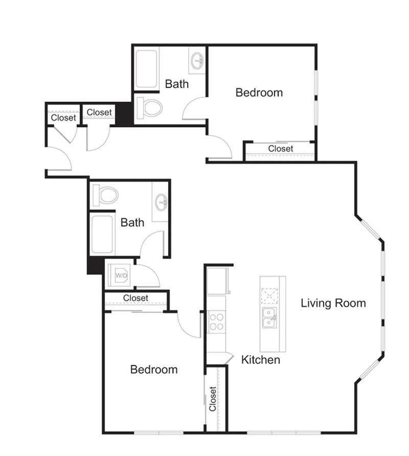 Modern 2D floor plan showcasing two bedrooms, two bathrooms, a spacious living room, and a stylish kitchen with ample closet space.
