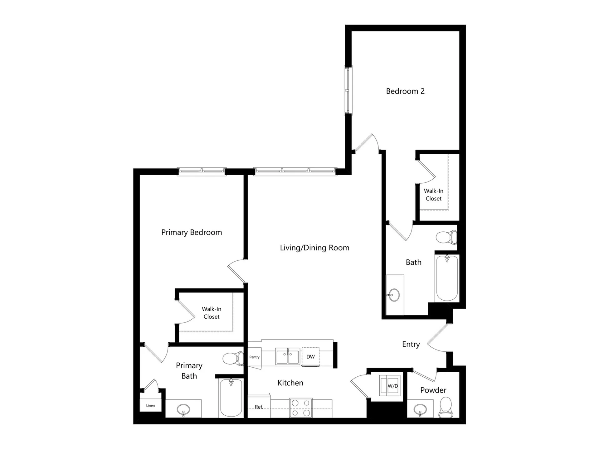 Modern floor plan showcasing 2 bedrooms, spacious living/dining area, and a well-equipped kitchen with convenient entry access.