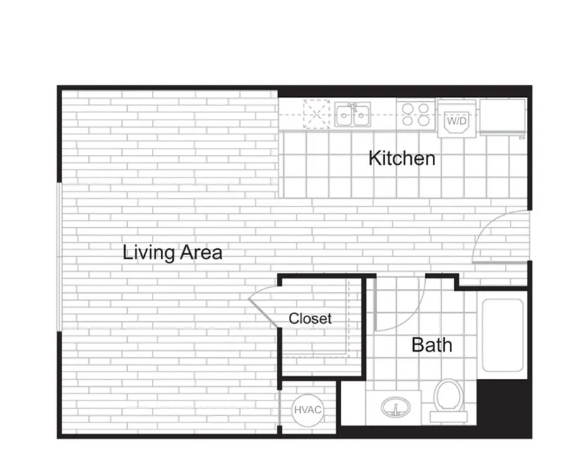 Modern floor plan featuring a spacious open-concept living area, sleek kitchen, and well-designed bath with closet space.