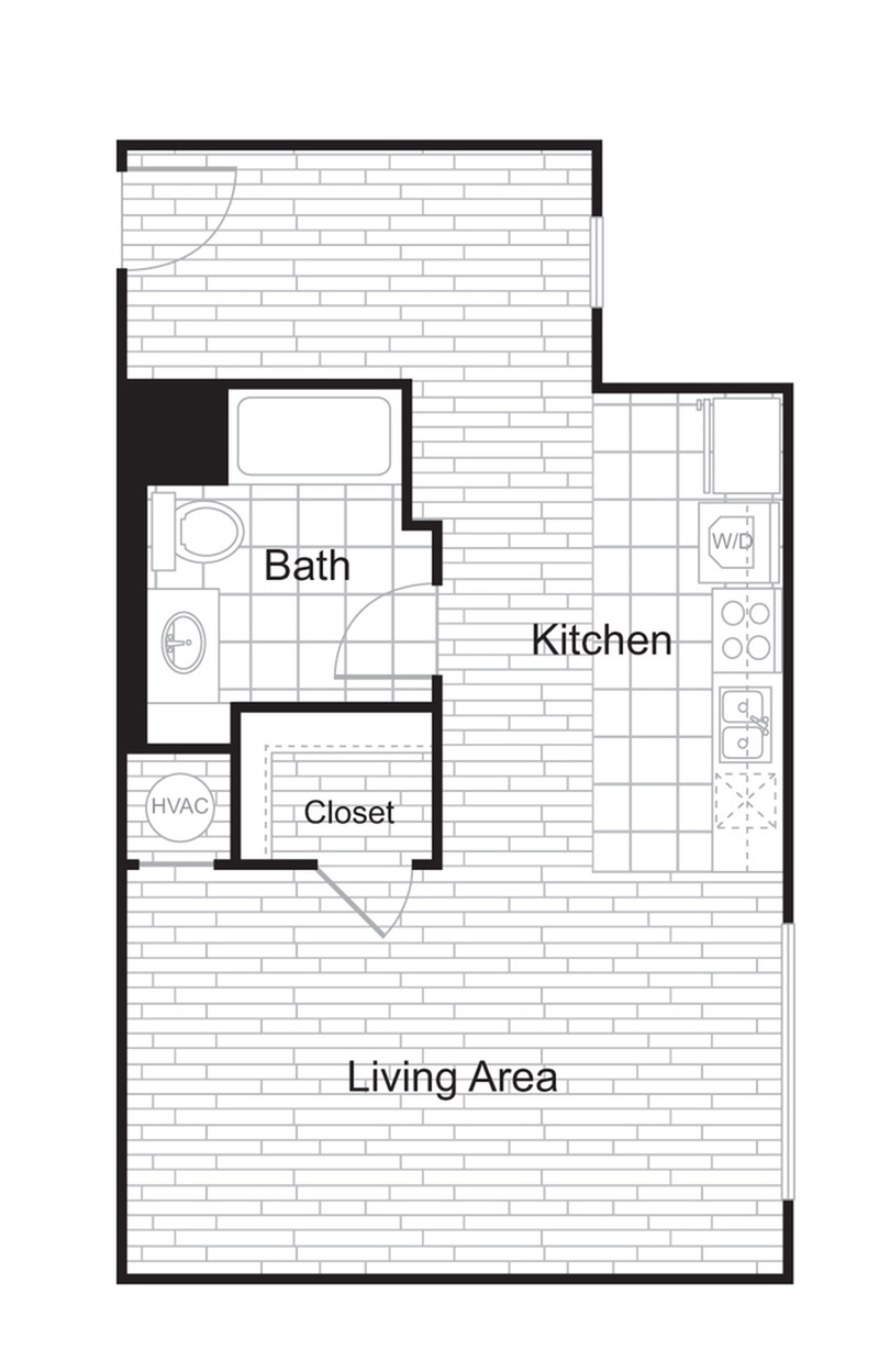 Modern floor plan with spacious living area, efficient kitchen, bathroom, closet, and laundry space.
