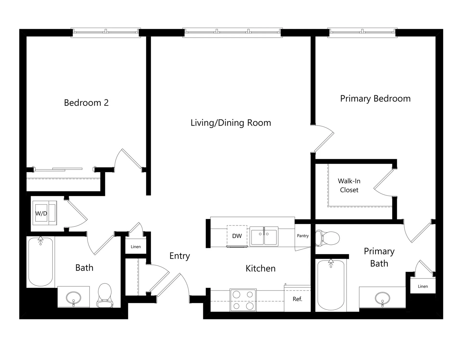 Contemporary floor plan with 2 bedrooms, open living/dining area, modern kitchen, and spacious primary suite with walk-in closet.
