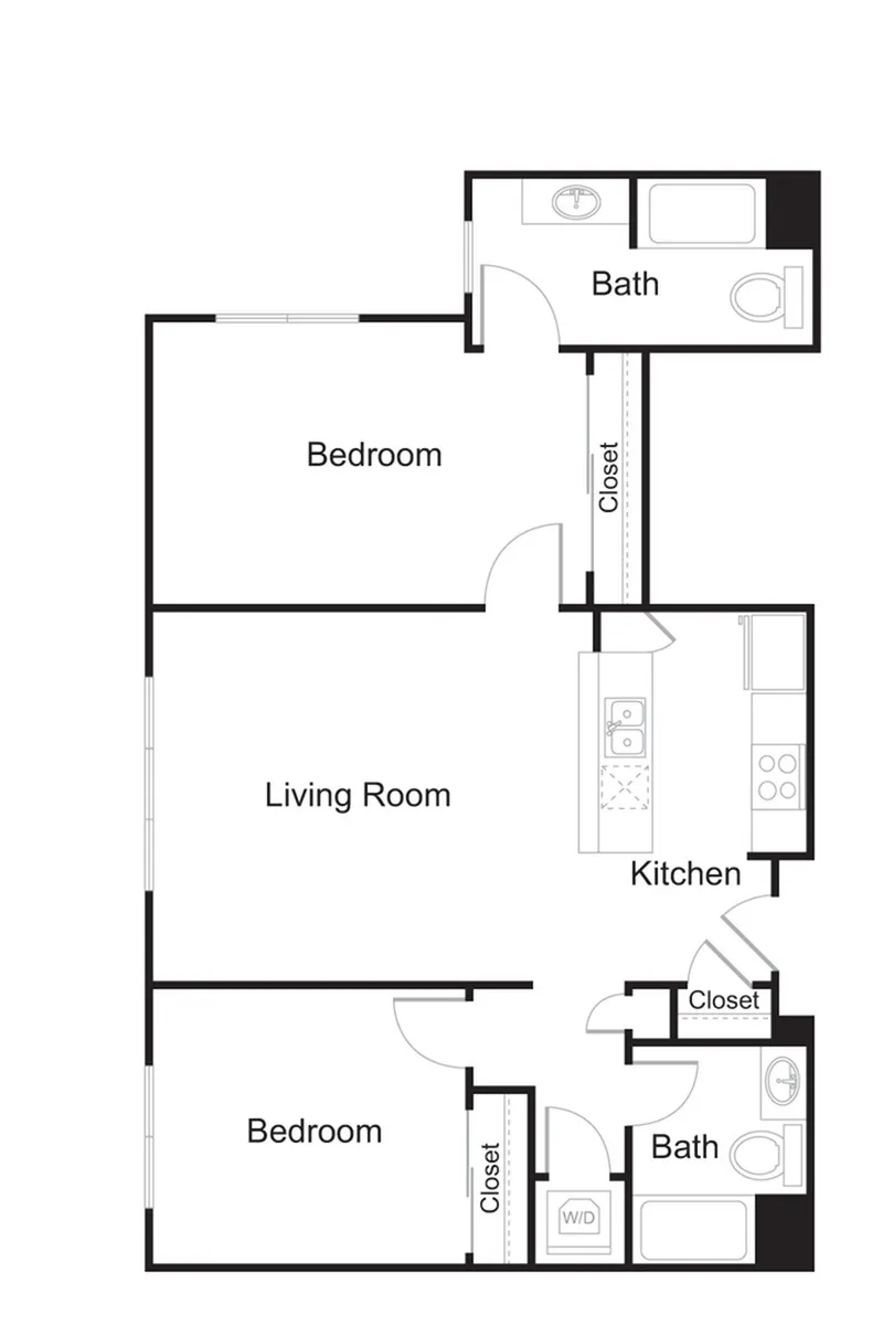 Elegant floor plan featuring 2 bedrooms, spacious living room, modern kitchen, and 2 baths. Includes ample closet space and convenient washer/dryer area.