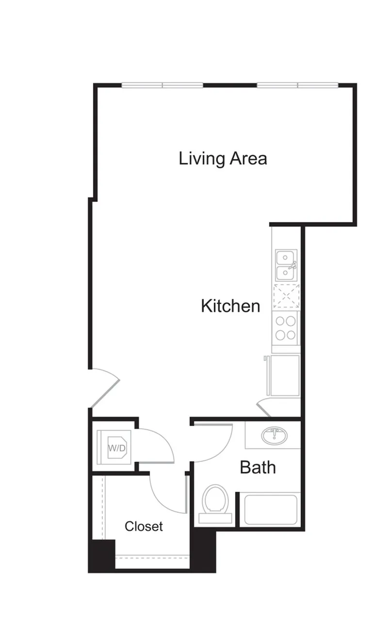 Modern open-concept studio floor plan with a spacious living area, sleek kitchen, convenient bath, and ample closet space.